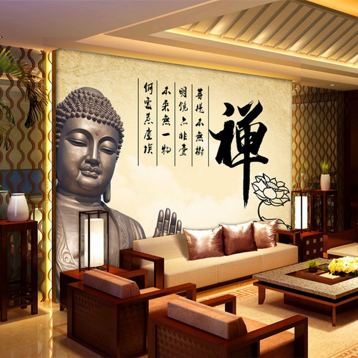 心经静中式客厅电视背景墙纸莲花 古典书法佛教壁纸书房壁画墙布