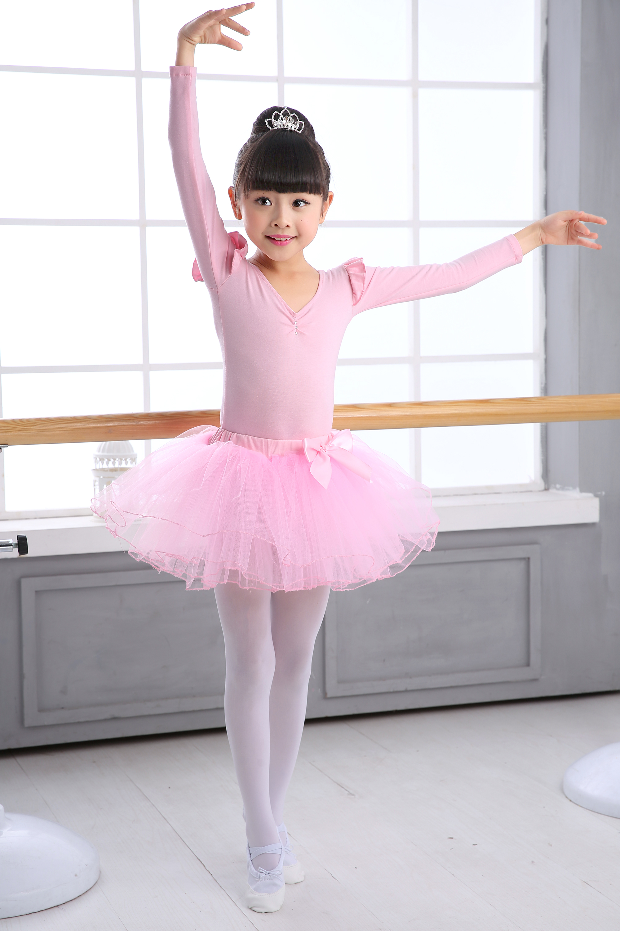 儿童宝宝小孩舞蹈服训练基本功练功服芭蕾加绒舞裙粉色公主连衣裙