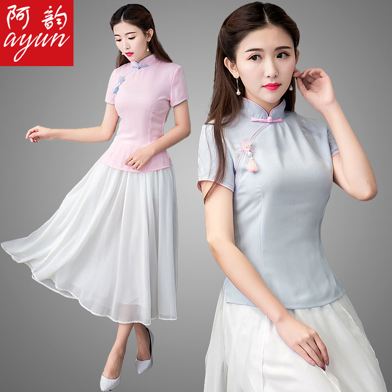 民国风女装复古改良刺绣旗袍上衣短袖女夏中式茶艺师服装女中国风