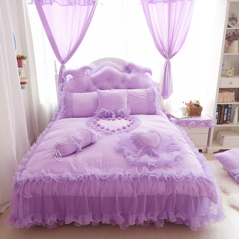 冬季保暖珊瑚绒四件套蕾丝床裙式公主风法兰绒紫色被套1.8m水晶绒