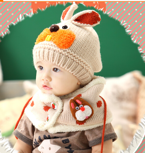 婴儿冬帽男宝宝套装套头帽子女童毛线围巾兔子