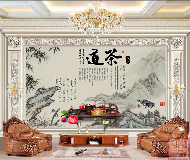 茶文化茶道茶室茶楼以茶会友装饰画茶行茶叶店前台玉兰花窗格壁纸
