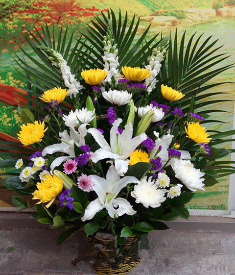 黄白菊花花篮清明节扫墓葬礼鲜花祭奠奠仪用鲜花殡葬用花北京速递