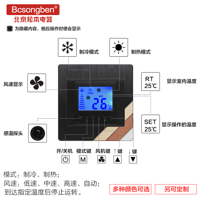 中央空调液晶屏温控器风机盘管三速数显智能控制开关面板可调温度