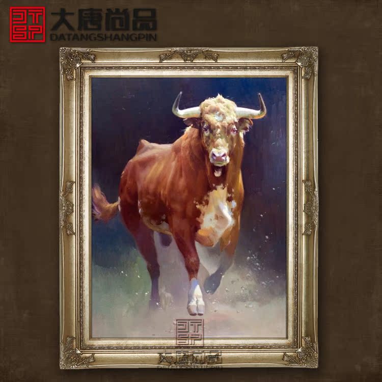 欧式客厅装饰画手绘玄关油画办公室过道挂画动物油画牛气冲天s14
