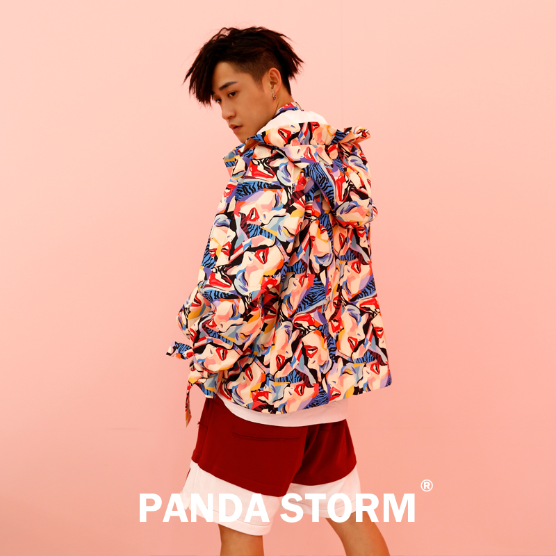 panda storm 潮牌嘻哈宽松彩色印花织带连帽外套国潮男装演出服