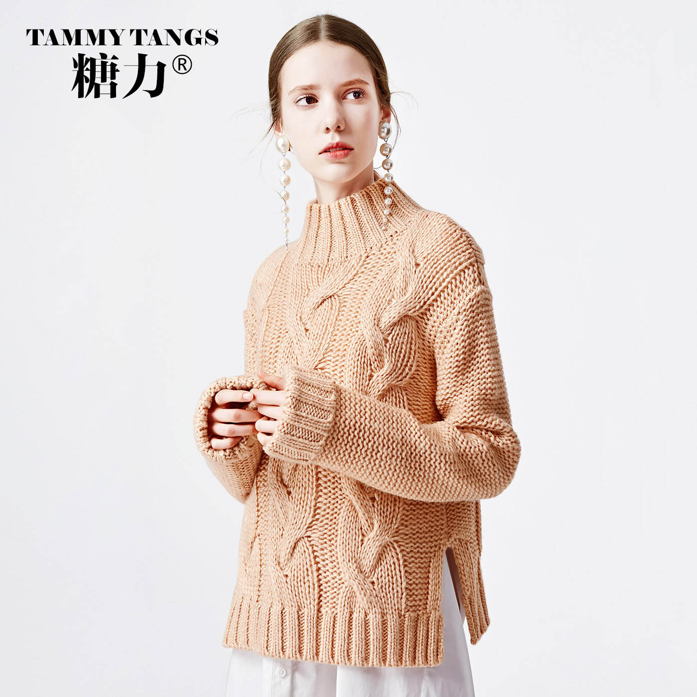 糖力2017秋冬装新款橘色宽松套头半高领针织衫粗线麻花毛衣女加厚