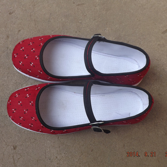 【现做】女式条绒红色布鞋一字扣带布鞋塑料底鞋田园厚底单鞋春秋