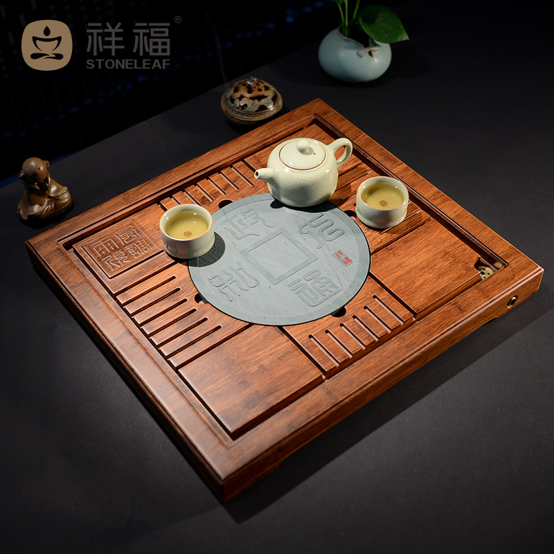 祥福 竹制乌金石头茶托盘 重竹茶海排水茶台功夫茶具配件政通人和