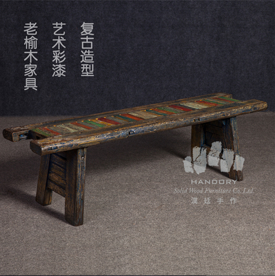 汉廷老榆木长凳老门板家具彩漆做旧长条凳老风化复古怀旧长凳餐凳