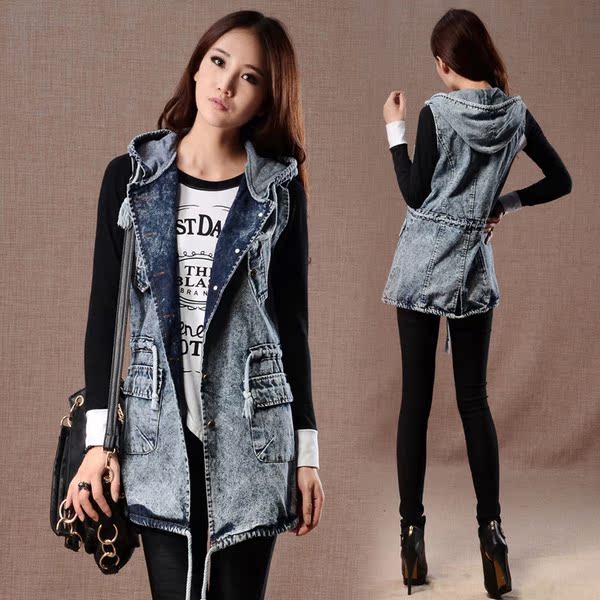 热销女<em>马夹</em> <em>2015</em>夏款 外套牛仔<em>马甲</em>女中<em>长款</em> 连