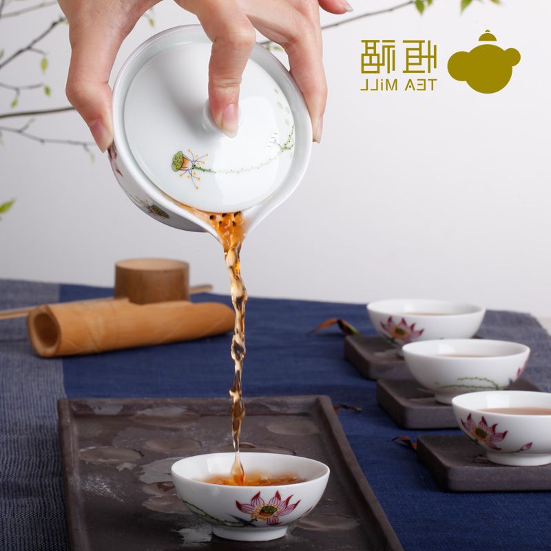 热卖恒福茶具套装 景德镇陶瓷手绘功夫茶具珍珠彩荷花一壶四杯茶