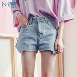 蜜妃儿2017夏季新款女装韩版高腰牛仔短裤女夏热裤显瘦不规则下摆