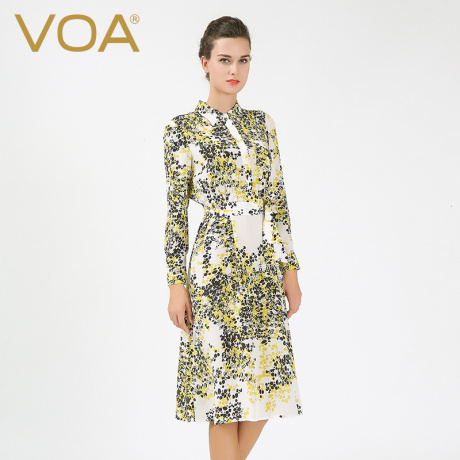 VOA印花长袖真丝连衣裙时尚新款欧美女士修身直筒桑蚕丝中裙A6519商品大图