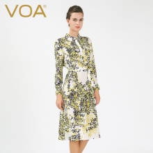 VOA印花长袖真丝连衣裙时尚新款欧美女士修身直筒桑蚕丝中裙A6519图片