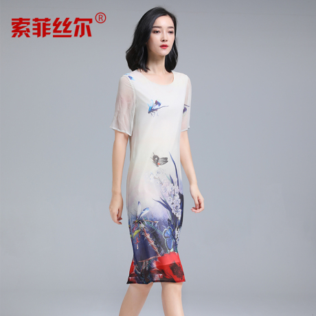 索菲丝尔真丝连衣裙女2017夏新款桑蚕丝高端显瘦性感印花中长款商品大图