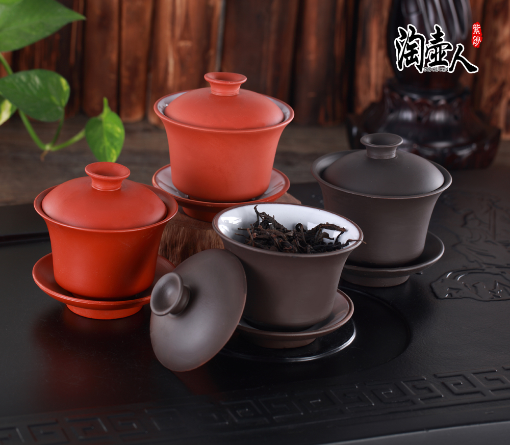 包邮紫砂盖碗宜兴正品功夫茶具茶碗三才碗 茶壶大号茶杯陶瓷盖碗