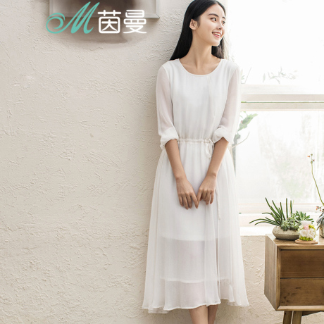 茵曼旗舰店 2017秋夏新款真丝桑蚕丝长袖连衣裙长裙女夏季仙女裙商品大图