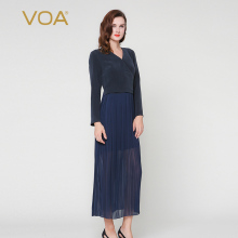 VOA藏青重磅真丝长袖后拉链高腰分割线假两件飘逸百褶连衣裙图片