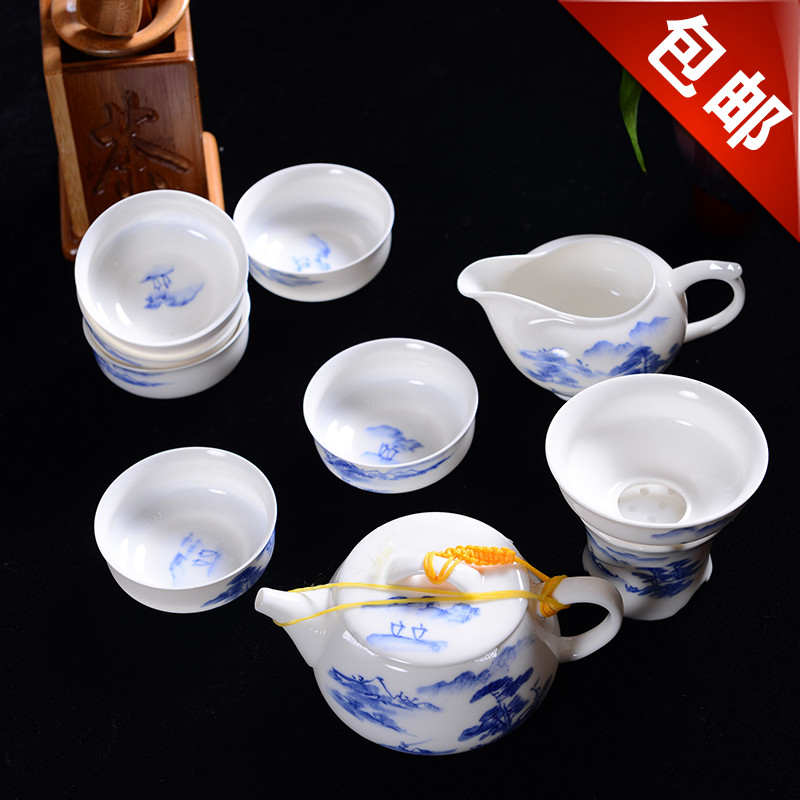 五洲易购功夫茶友会亨德昌薄胎手绘茶具福建青瓷10件套新品