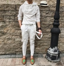 男士 潮流休闲白色9分裤 2017夏 韩版 时尚 背带9分裤 修身 大牌走秀款