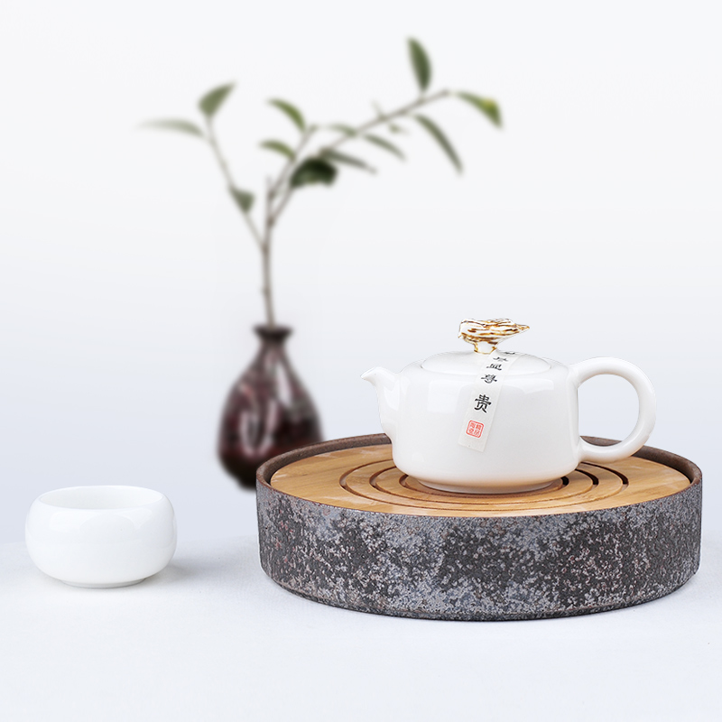 陶瓷故事日式简约茶盘圆形小号竹制储水式茶海干泡台托盘功夫茶具