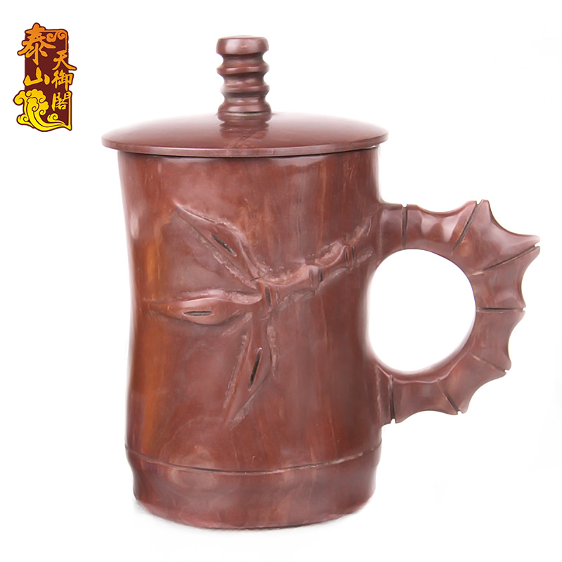 泰山天御阁 天然木鱼石茶杯茶具过滤水杯 大号竹节梅花冲茶杯盖杯