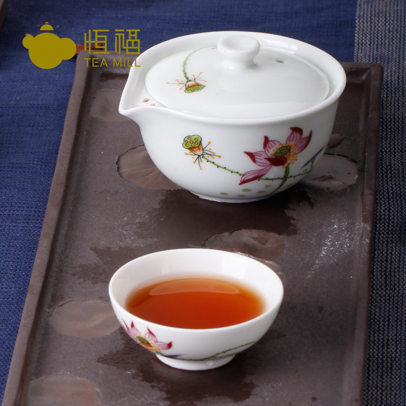 恒福茶具套装 景德镇陶瓷手绘功夫茶具珍珠彩荷花一壶四杯茶侧组