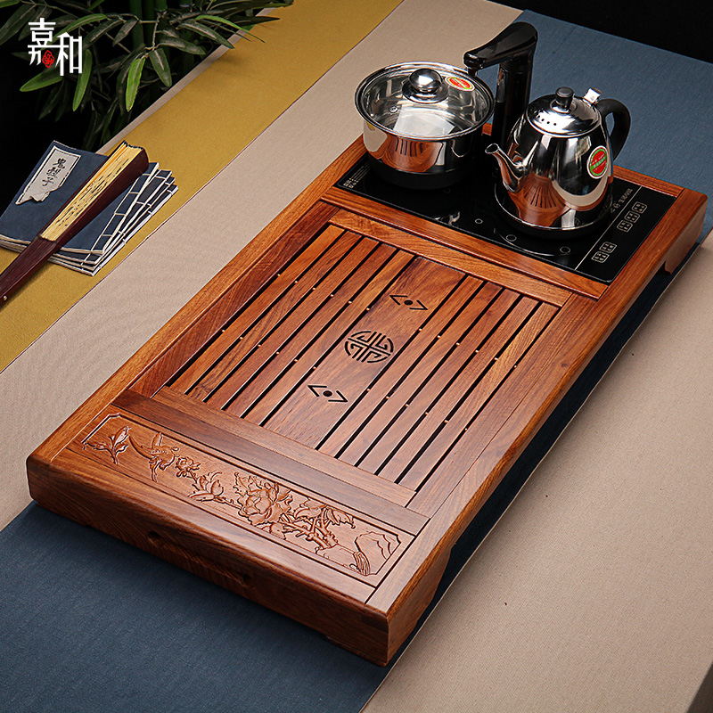 嘉和 鸡翅木茶盘实木大号排水特价红木功夫茶具茶台电磁炉四合一