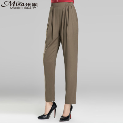 米飒夏季新款七分真丝裤子女宽松休闲哈伦裤重