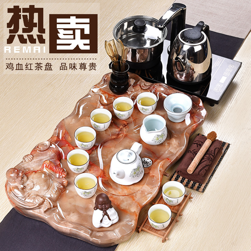 豪峰 茶具套装生态鸡血大理石功夫茶具冰裂汝窑电热炉整套茶具