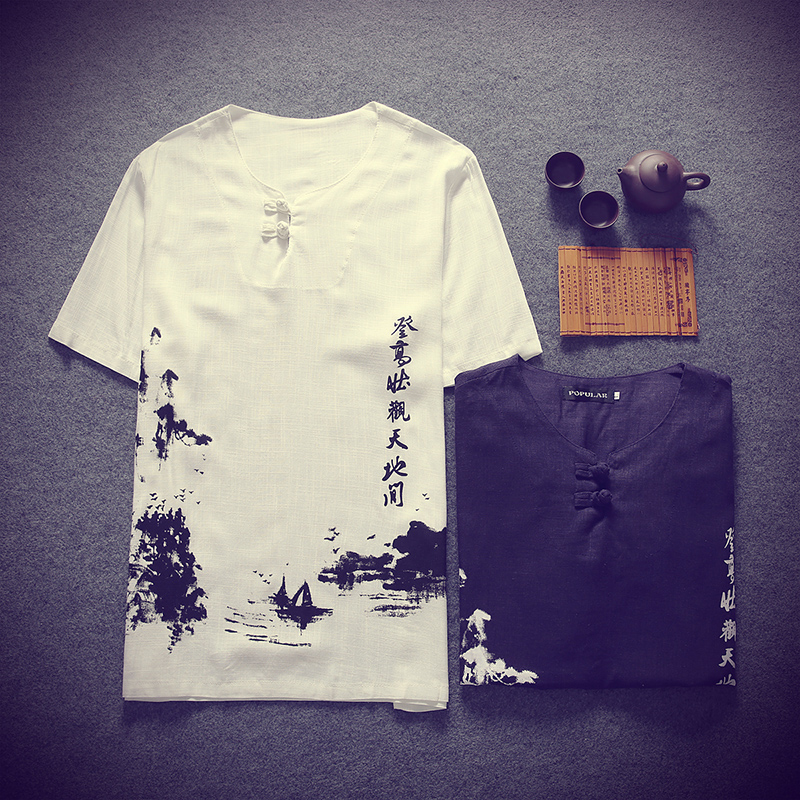 复古中国风男装短袖T恤夏棉麻水洗斜襟盘扣改