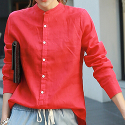 2017秋装新款韩版女装长袖宽松立领棉麻衬衫显瘦大红色衬衣女