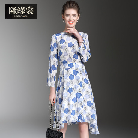 隆缘裳春装2017新款时尚修身印花九分袖大摆型真丝连衣裙女夏2959商品大图
