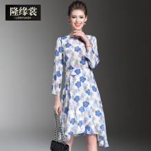 隆缘裳春装2017新款时尚修身印花九分袖大摆型真丝连衣裙女夏2959图片