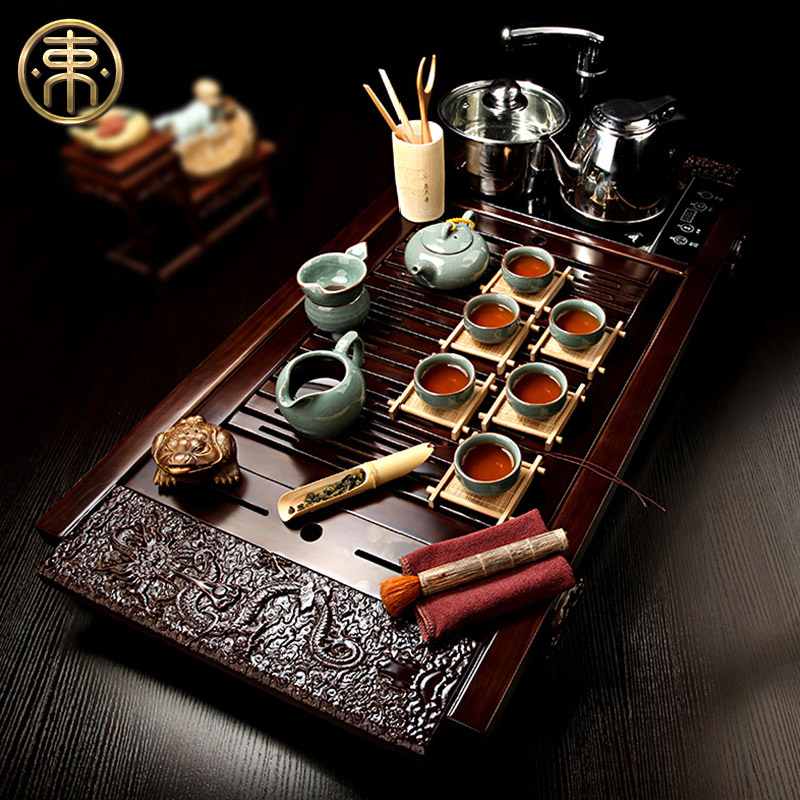 束氏整套茶具套装四合一陶瓷茶艺功夫茶道茶具快速炉实木茶盘