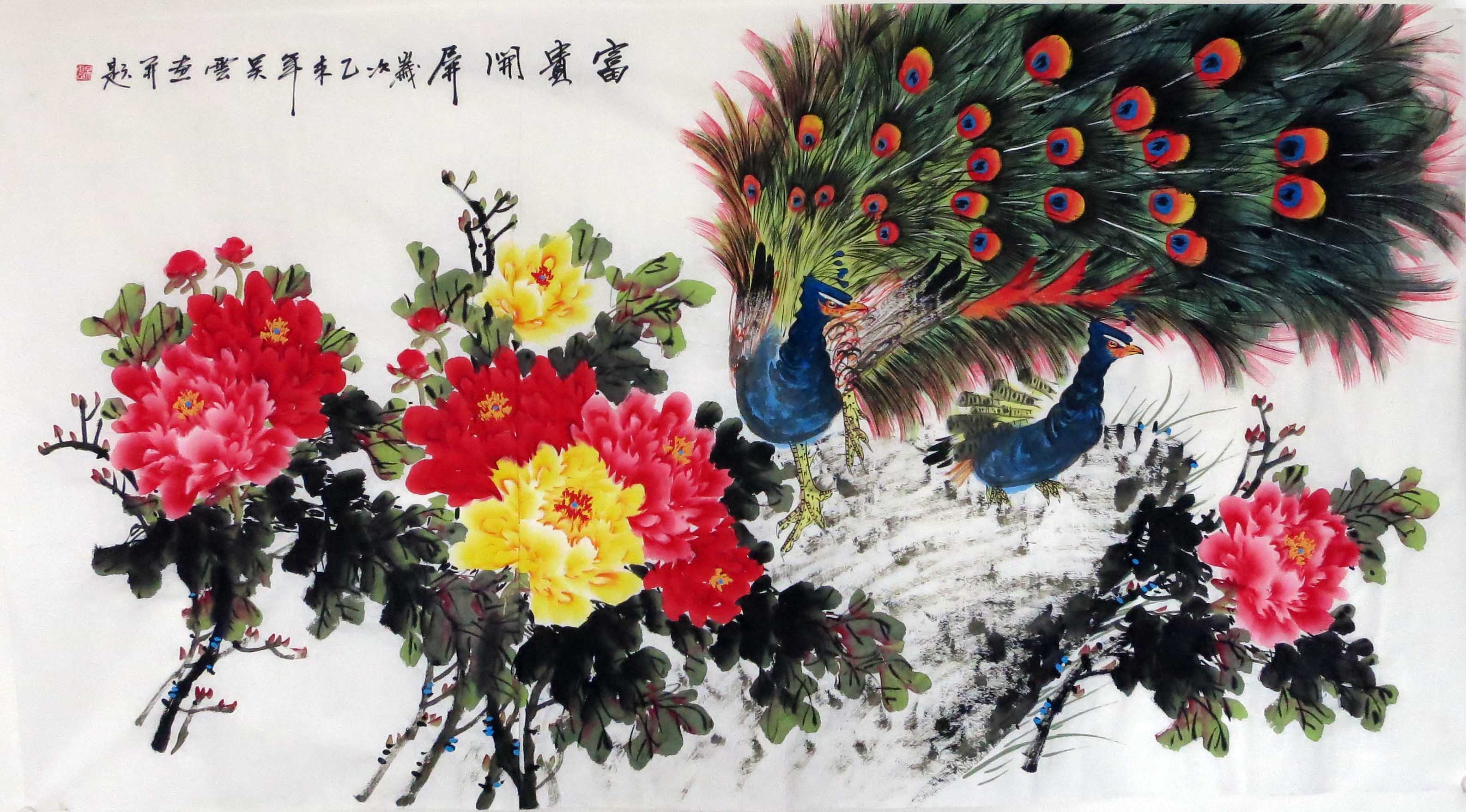 手绘国画字画书画花鸟画水墨画孔雀牡丹图六尺横幅-富贵屏开t5