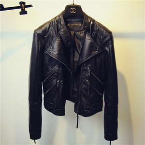 新款黑色修身拉链PU机车皮衣