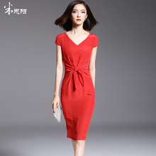 米思阳系念2017年夏季新款红色连衣裙修身真丝V领系带包臀裙女装图片