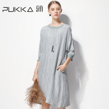 Pukka/蒲牌2017夏装新款原创设计棉麻女装肌理真丝亚麻短袖连衣裙图片