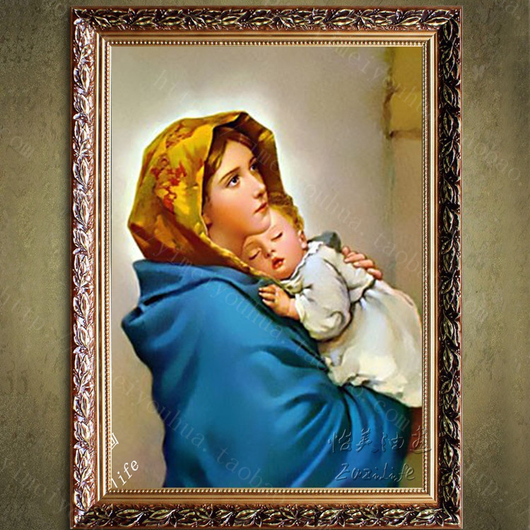 天主教圣像画仿真油画 天主教油画圣像纯手绘圣母抱耶稣油画定制3