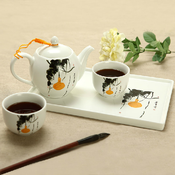 恒福茶具正品 景德镇定窑白瓷大师作品福禄托盘组茶具套装带茶盘