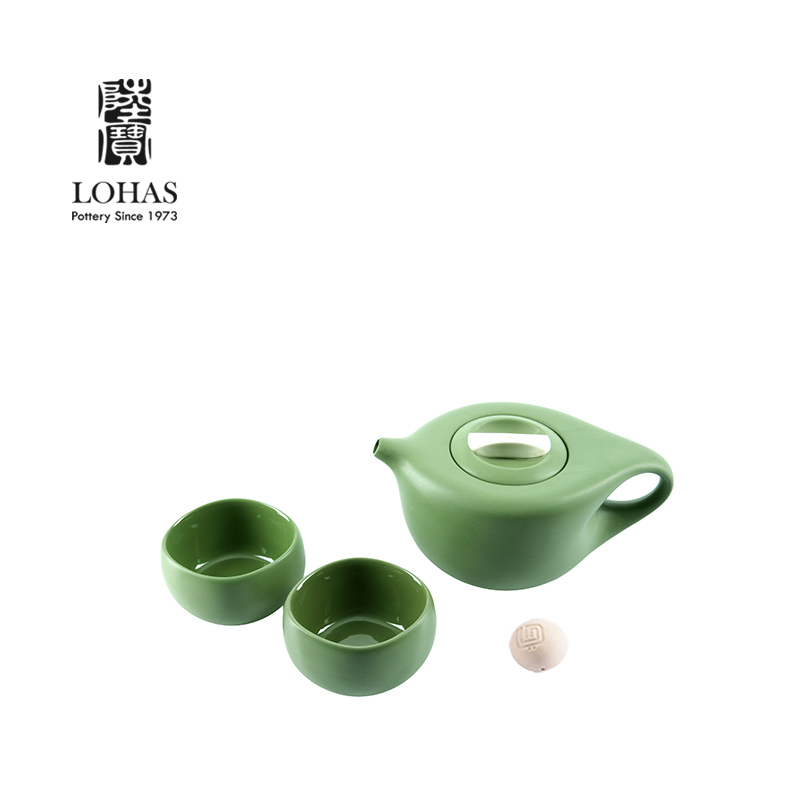 陆宝 陶瓷茶具 一壶两杯旅行茶组朴石壶 台湾陆宝茶具 黑瓷绿泥