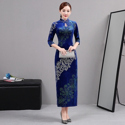 改良旗袍长款长袖秋冬日常修身复古旗袍裙冬款