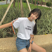T恤女 子飘带圆圈宽松短袖 韩国ulzzang原宿BF风刺绣字母袖 夏季新款