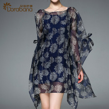 印花连衣裙短款女夏2017新款朵拉芭娜欧美时尚蝙蝠款真丝不规则裙图片
