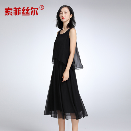 索菲丝尔真丝连衣裙女2017夏新款重磅桑蚕丝高端显瘦优雅性感长裙商品大图