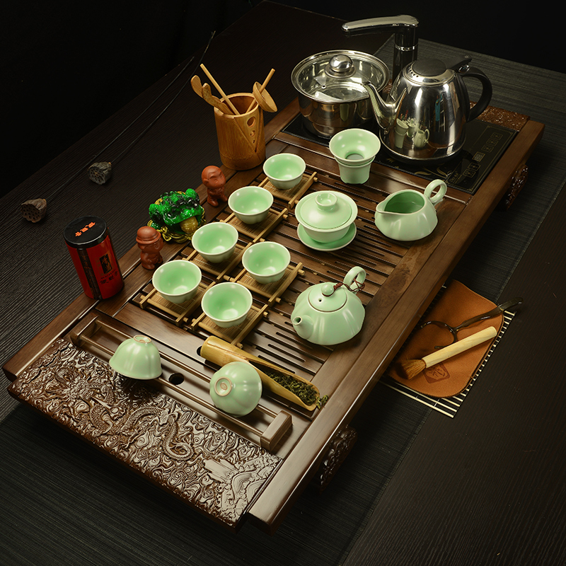 陶瓷茶具 紫砂冰裂功夫茶具套装特价四合一电磁炉实木茶盘茶海