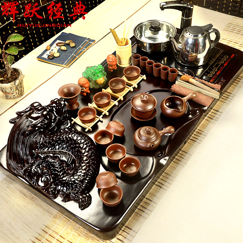 辉跃经典汝窑茶具套装特价 整套陶瓷冰裂功夫电磁炉整块实木茶盘