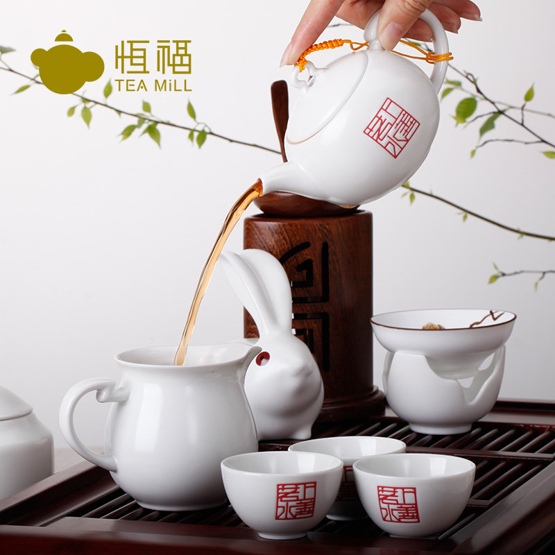恒福正品 功夫茶具整套套装 景德镇陶瓷 上善若水如意茶壶半组